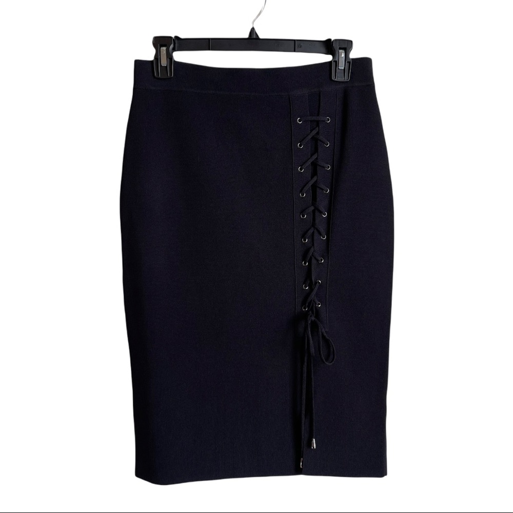 CRISTINA PARIS Black Knit Skirt with Lace Up 8” Side Slit Size 28” Waist L/XL